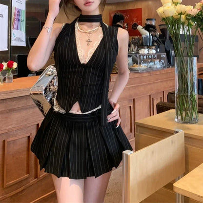 vmtvr 2024 Summer 2 Piece Skirt Set V-neck Lace Patchwork Striped Casual Camisole Women + High Waist Pleated A-line Skirt Vintage Suit