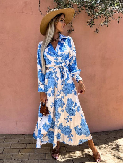 Red Dot Print Boho Long Chiffon Summer Beach Elegant Midi Women's Dress Floral V-Neck Folds Ruffles Wrap Dresses Split Vestidos