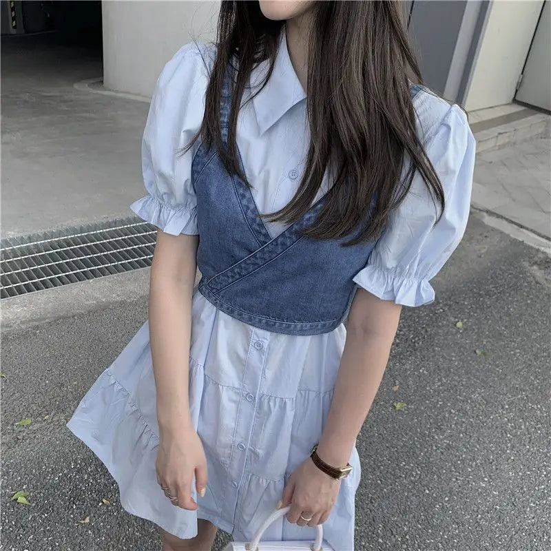 vmtvr 2024 Summer Women's Dress Sets Korean Fashion Elegant Chic Puff Sleeve Shirts Dress Denim Vest 2 Piece Sets New in Matching Sets