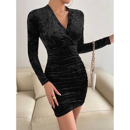 vmtvr - Black Sexy Club Dress for Women V Neck Bodycon Dress Full Sleeve High Waist Versatile Mini Dress Streetwear Ladies Fashion