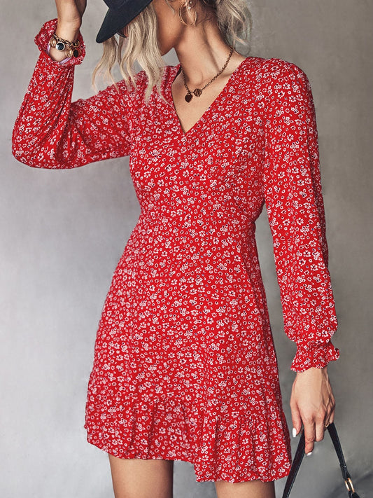 Long Sleeve Ruffle Dress Women Floral Print Mini Sundress Spring V Neck Boho Dresses Ladies Casual Beach A-line Dress Vestidos