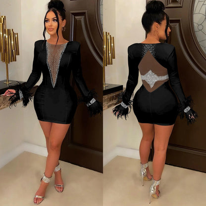 Sexy Women Mini Dress Feathers Sheer Mesh Diamond Streetwear Party Night Slim Fitness Dresses For Women Vestidos