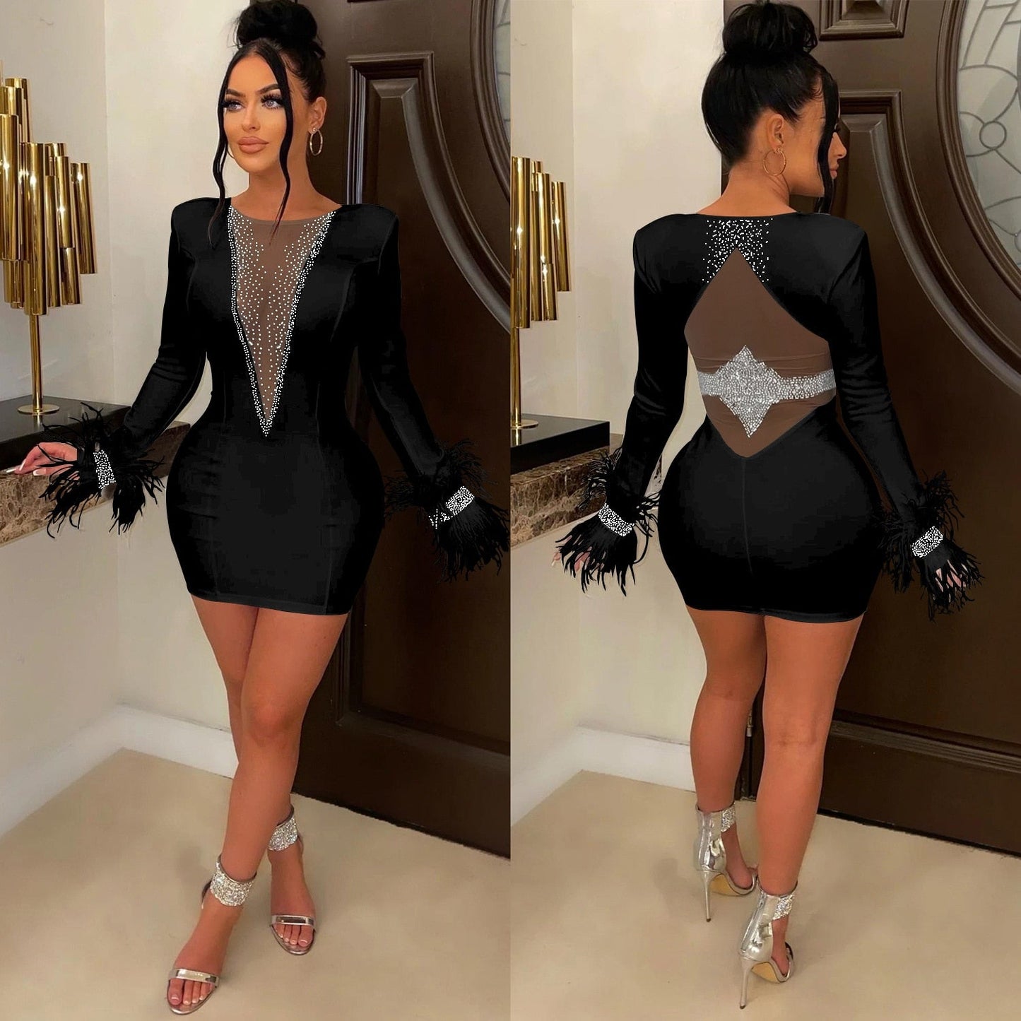 Sexy Women Mini Dress Feathers Sheer Mesh Diamond Streetwear Party Night Slim Fitness Dresses For Women Vestidos