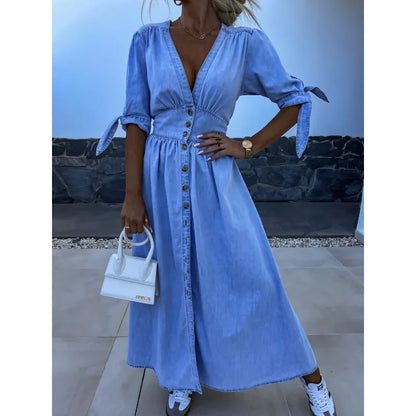 vmtvr  -  Spring Summer New Women's Clothing Fashion Sexy V-neck Long Button Denim Dress Long Maxi Loose Dress