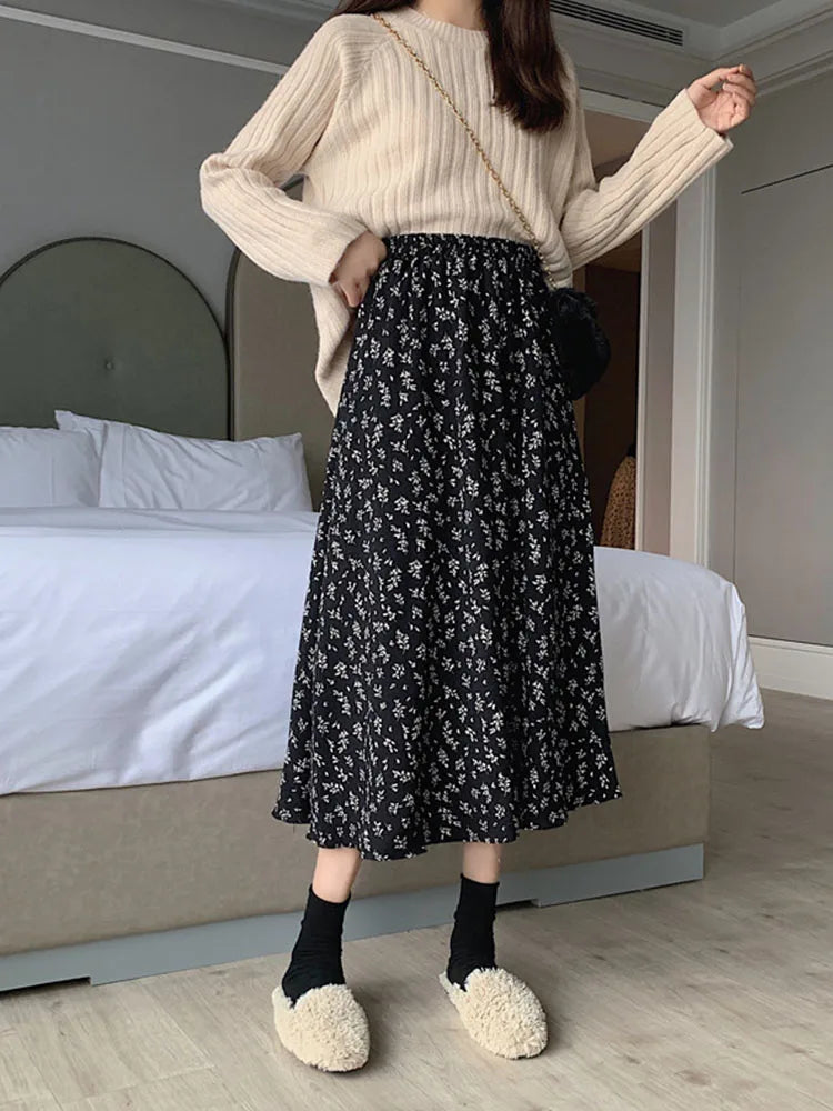 vmtvr Vintage Floral Print A-line Pleated Long Skirts Summer Women 2024 Korean Skirt Streetwear Drawstring Elastic Waist Midi Skirt