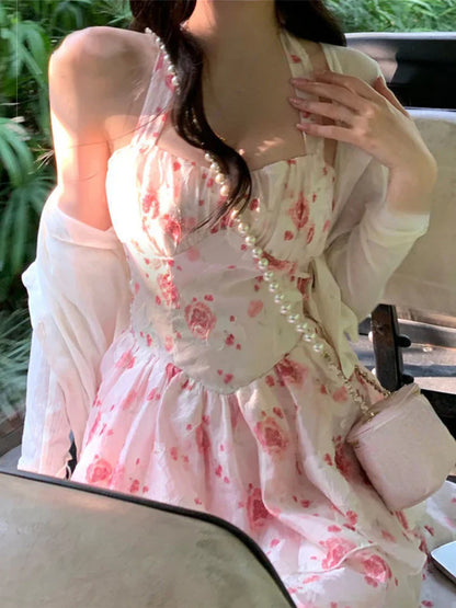 Sweet Floral Strap Dress Women Sexy Beach Party Korean Mini Dress Female Ruffles Designer Casual Fashion Chic Dress