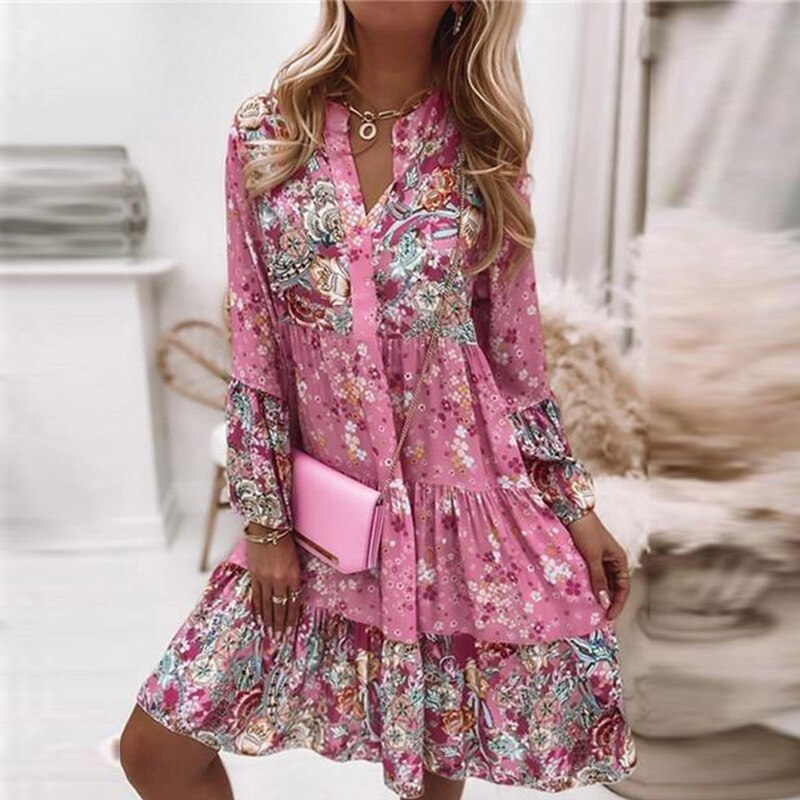 Women Elegant Long Sleeve Loose Beach Dress Casual New Fashion Floral Print Boho Party Dress Sexy V Neck Ruffle Mini Shirt Dress