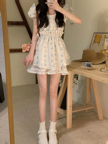 vmtvr Summer Floral Sweet Mini Dress Women Square Collar Elegant Party Dress Style Office Lady One Piece Dress Korean Fashion