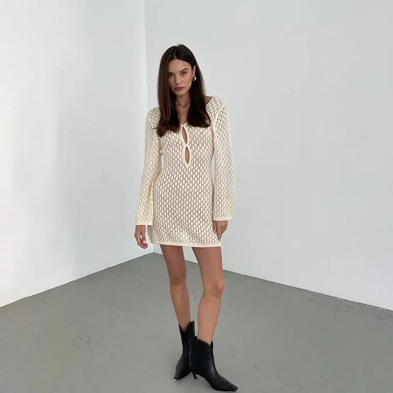 vmtvr Beige Knitted Hollow Out Mini Dress Women Long Sleeve Backless Slim Summer Beach Dress Female Fashion Sexy Cover-Ups 2024