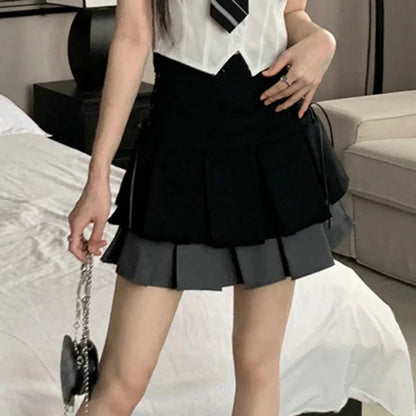 vmtvr High Waist Women Patchwork Skirts Summer Fashion Lace Up Female Mini Skirts Korean Elegant Pleated A Line Skirts New