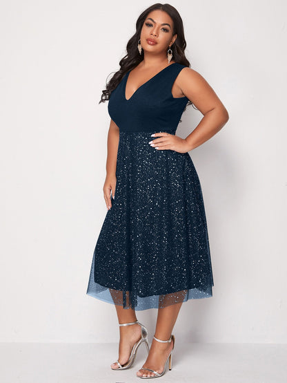 Plus Size 4XL Dress for Women Blue Elegant Midi Curvy Chiffon Clothing 2023 Summer Autumn Ladies Cocktail Evening Party Dresses