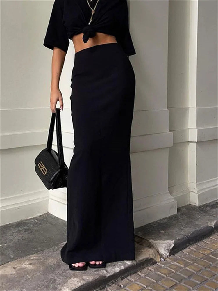 vmtvr Fashion For Women Black Long Skirts High Waist Slim Seamless Elegant Ladies Gown Casual Summer New Female Maxi Skirts