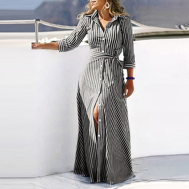 Women Elegant V-neck Button Lace-up Shirt Dress Fashion Long Sleeve Striped Print Maxi Party Dresses Autumn Lady Commuting Style