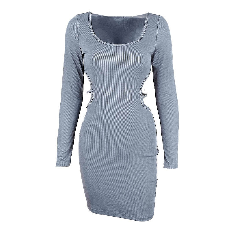 vmtvr - Blue Bodycon Dresses for Women 2023 Spring Fashion Cut Out Lace Up Backless V Neck Long Sleeve Mini Dress