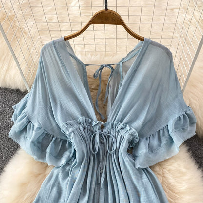 Spring Summer Boho Mini Dress for Women Deep V-Neck Ruffles Draw String Female Short Robe Sexy Draped Beach Vacation New In Chic