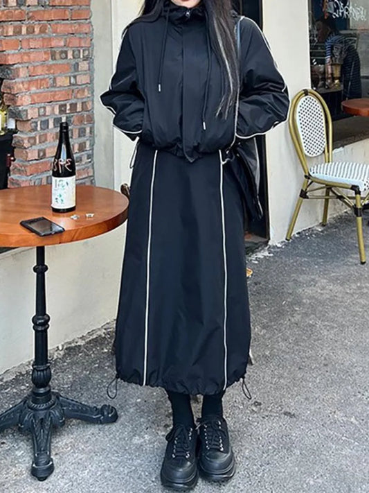 vmtvr Vintage Black Hooded Jacket and Skirt Tracksuit Women Y2k Long Sleeve Sport Corpcore Coat Top Loose Spring Summer Clothes Set