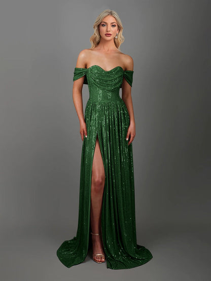 vmtvr -  Women Green Sexy Off-shoulder Sequin Dress Elegant Evening Dress Party Maxi Dress Split Ladies Trailing Dresses