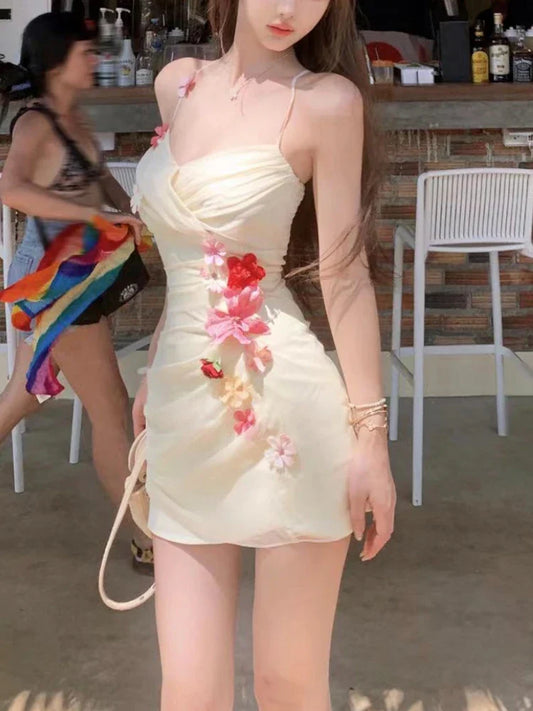 Aesthetic Sexy Party One Piece Dress Women Sleeveless Y2k Flower Elegant Mini Dress Female Lace Korea Princess Fairy Dresses New