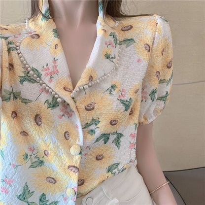 Blouse Women Summer  New French Style Short Sleeve High Waist V-Neck Blusas Womens Tops And Blouses