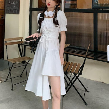 vmtvr - Women&#39;s White Dress Summer Elegant Vintage Kawaii Puff Sleeve Midi Dress Square Collar Bandage Sundress Goth Outfits