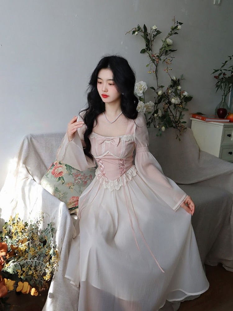 vmtvr - French Elegant Office Lady Dress Party  Summer Chiffon One Piece Dress Korean Fashion Casual Long Sleeve Midi Dress Woman