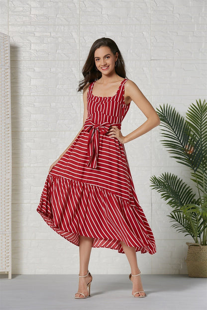 vmtvr Women Dress Striped 2024 summer beach dress Bohemia Dress Sexy Long Maxi Dresses Bow Lace Up Ruffles Long Summer Dress