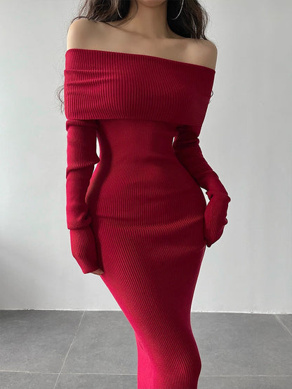 Slash Neck Tight Long Skinny Hip Long Sleeve Maxi Long Sweater Dress Red Korean Fashion Tops