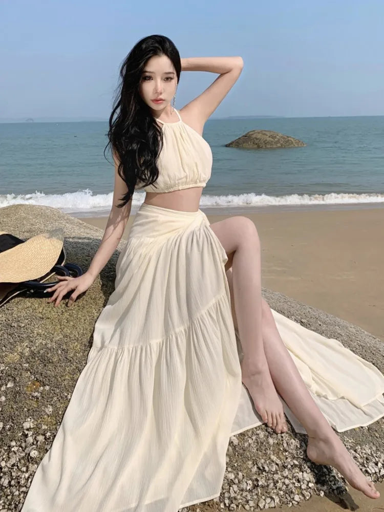 vmtvr Summer Women Beach Two Piece Set Sexy Strap Short Tops & High Waist  One-Piece Lace Up Skirt Outfits Korean Fashion Clothing