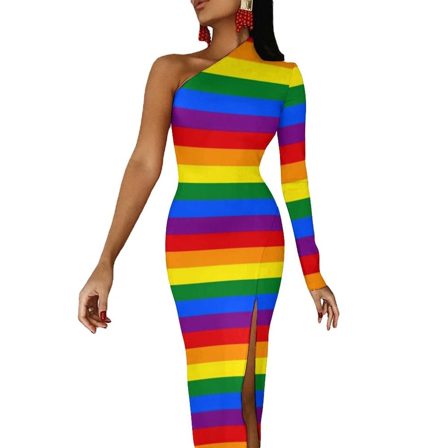 Rainbow Colors Maxi Dress Long Sleeve Colorful Aesthetic Cute Bodycon Dress High Slit Party Long Dresses Women Pattern Vestidos