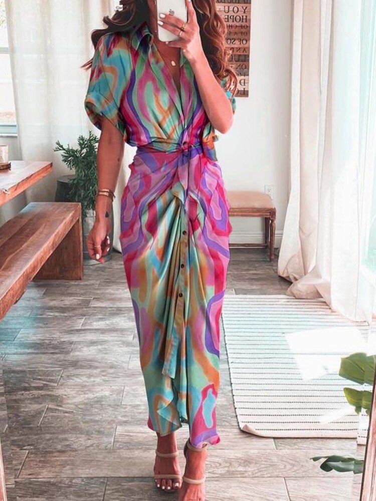 Spring Summer New Temperament Fashion Printed Long Dress Waist Tie-up Shirt Dress Streetwear Woman Clothes Robe Evening Dresses