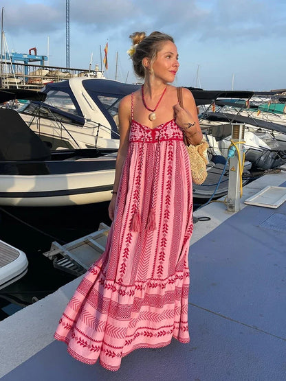 vmtvr   -  Crochet Bohemian Summer Dress for Women Spaghetti Strap Red Vintage Tassel Beach Dress Maxi Long Casual Sundress Autumn