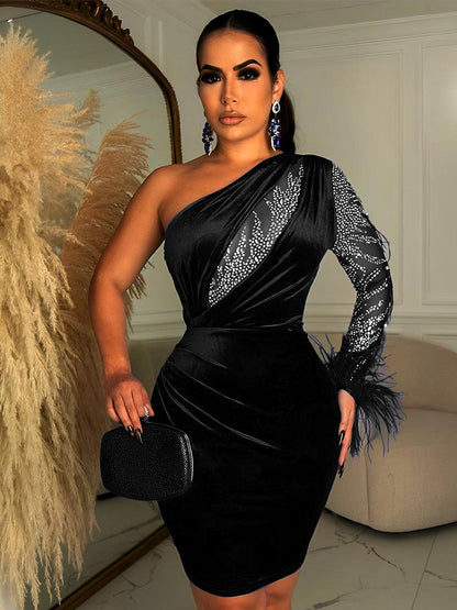 Women Velvet Sexy Feather One Shoulder Mini Dress 2023 Long Sleeve Backless Elegant Gown Female Rhinestone Evening Dresses