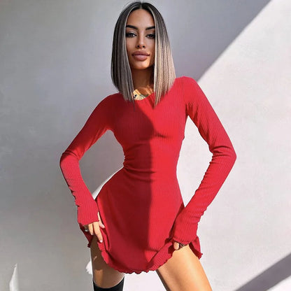 Solid Knitted Mini Dress for Women Elegant Outfits Fall Long Sleeve Bandage A-Line Vestido Plunge Dresses Clothes