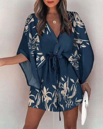 vmtvr 2023 Summer Boho Dresses Women Casual Flora Print Batwing Sleeve Lace-Up Dress Sexy V Neck Loose Ladies Beach Mini Dress Vestido