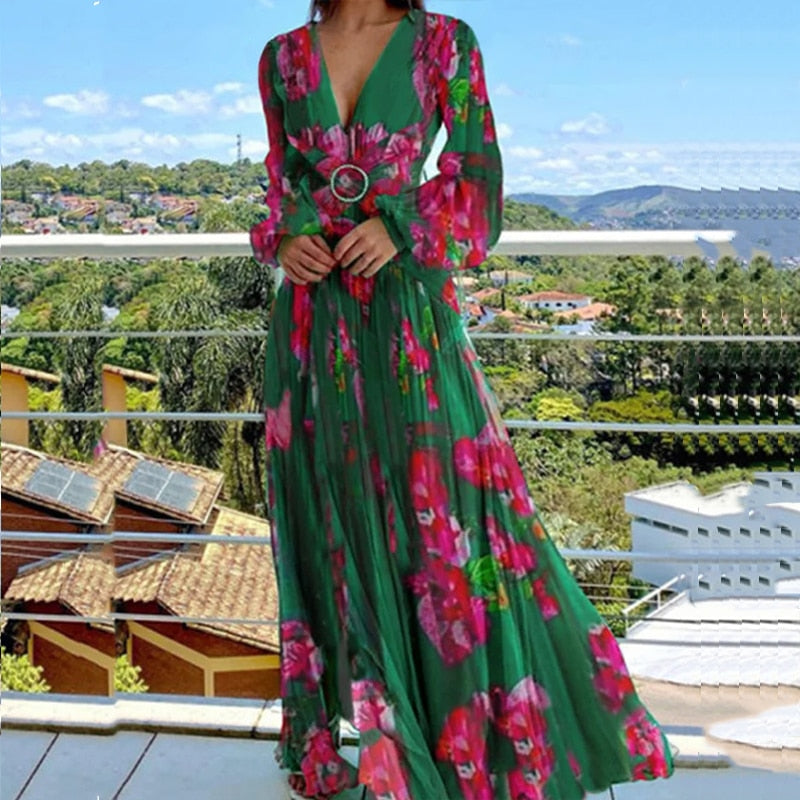 Spring Vintage Floral Print Pleated Maxi Dress Women V Neck Long Sleeve Bohemian Dress Fashion Chiffon Waist Holiday Dress