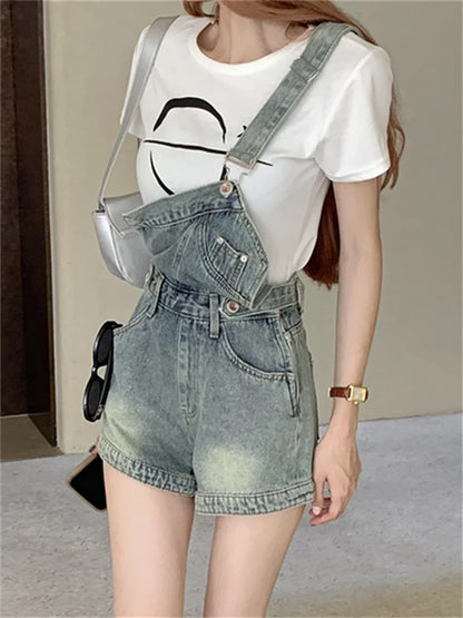 vmtvr OL Stylish New Overalls Shorts Denim Summer Loose Chic Wide Leg Vintage Office Lady Slim Jeanswear All Match