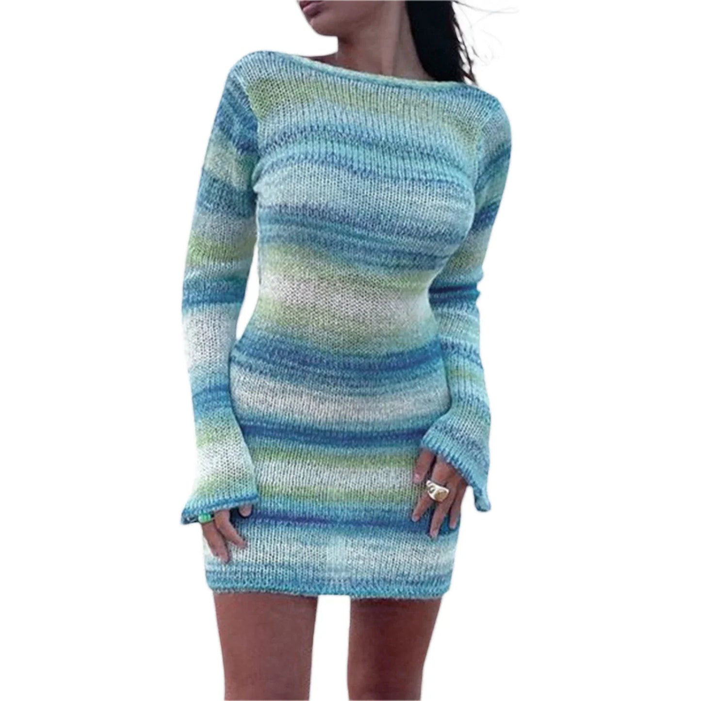 vmtvr Elegants Dress For Women O-Neck Autumn Knitted Dress Collision sweater long sleeve round neck striped dress