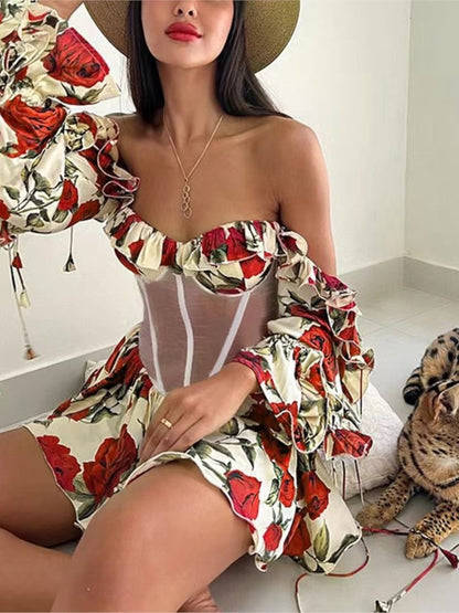 vmtvr - 2023 Dress Women Patchwork Ruffle Long Sleeve Mini Holiday Sexy Outfits Print Mesh Off Shoulder Sweet Tie Up See Through Y2k New