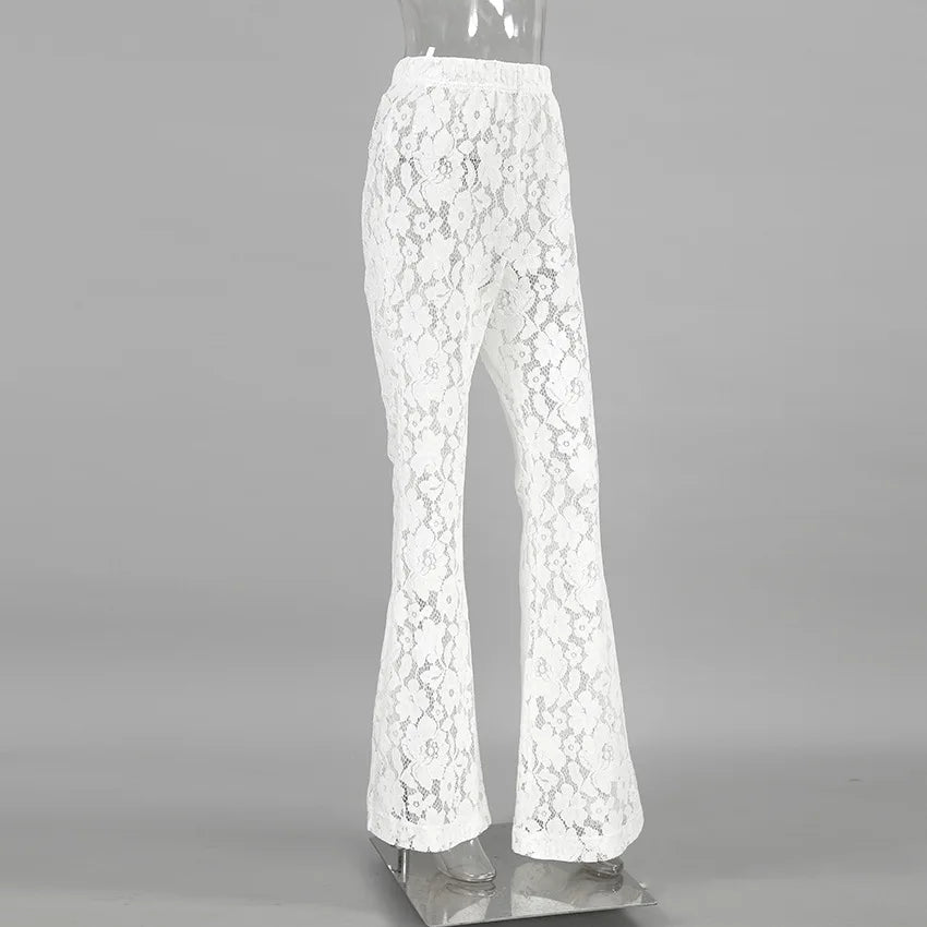 vmtvr White Printed High Waist Straight Legg Women Patchwork Hollow Out Fashion See-Through Lace Women's Pants Summer Clothes