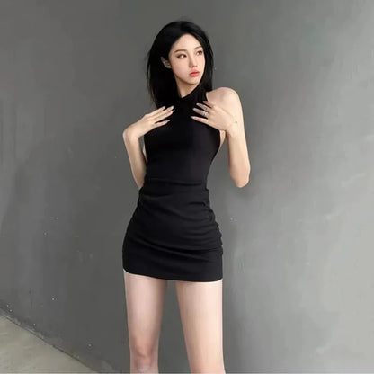 vmtvr Women Backless Bodycon Dress Korean Summer Solid Black Fashion Casual All Match Sexy Slim Fit Hanging Neck Female New Dresses