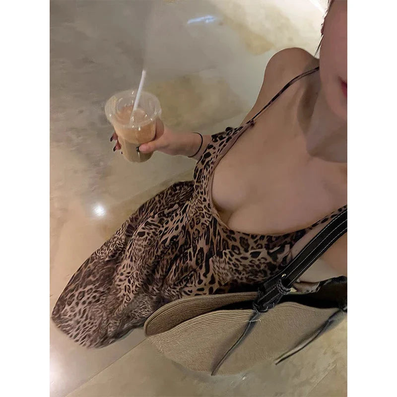 vmtvr  -  Leopard Print Open Back Sling Maxi Dress Women Sexy Off Shoulder Sleeveless Slim Vestidos Female Elegant Vacation Beach Robes