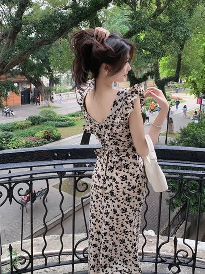 Sweet Printing Midi Dresses for Women Flying Sleeve Japan Girls Cute Floral Vintage Ruffles Beach Maxi Bodycon Dress Summer