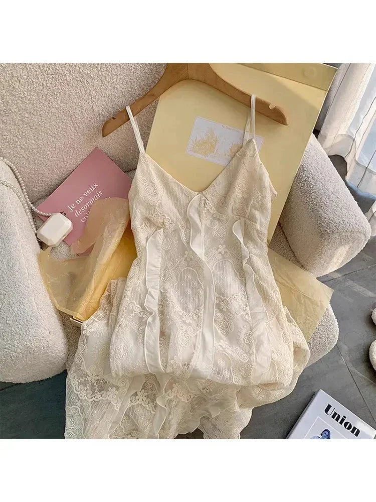 2024 Summer Fairy Backless V-Neck Patchwork Lace Suspender Dresses Women's Slim Fit High Waist Chiffon Elegant Mini Dress