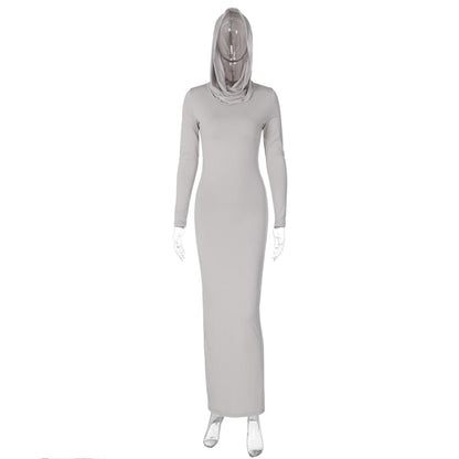 vmtvr - Hooded Long Sleeve Maxi Dresses For Women Tight Black Long Dress Plain Bodycon Autumn Winter Dress