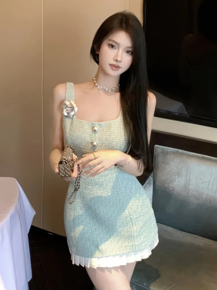 vmtvr  -  Korean Sweet Small Fragrance Tweed Dresses For Women French Fashion 3D Flower Summer Dress Hotsweet Sexy Tank Party Dress