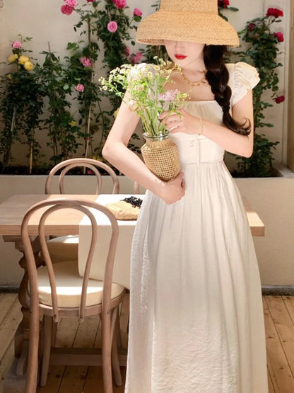 vmtvr Elegant Vintage Midi Dresses for Women Summer New Square Collar High Waist Princess Party Dress Casual A-line Vestido Mujer