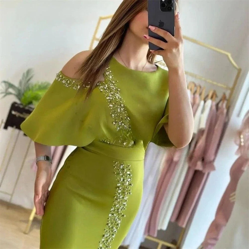 vmtvr  - Mermaid Green O-neck beaded off-shoulder cocktail party for PROM half sleeve ladies custom evening dress вечернее платье