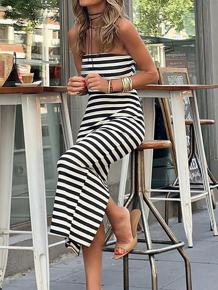 Split Maxi Dress Summer Women  Loungewear Fashion Party Dress Sleeveless Sexy Striped Ladies Dress Streetwear