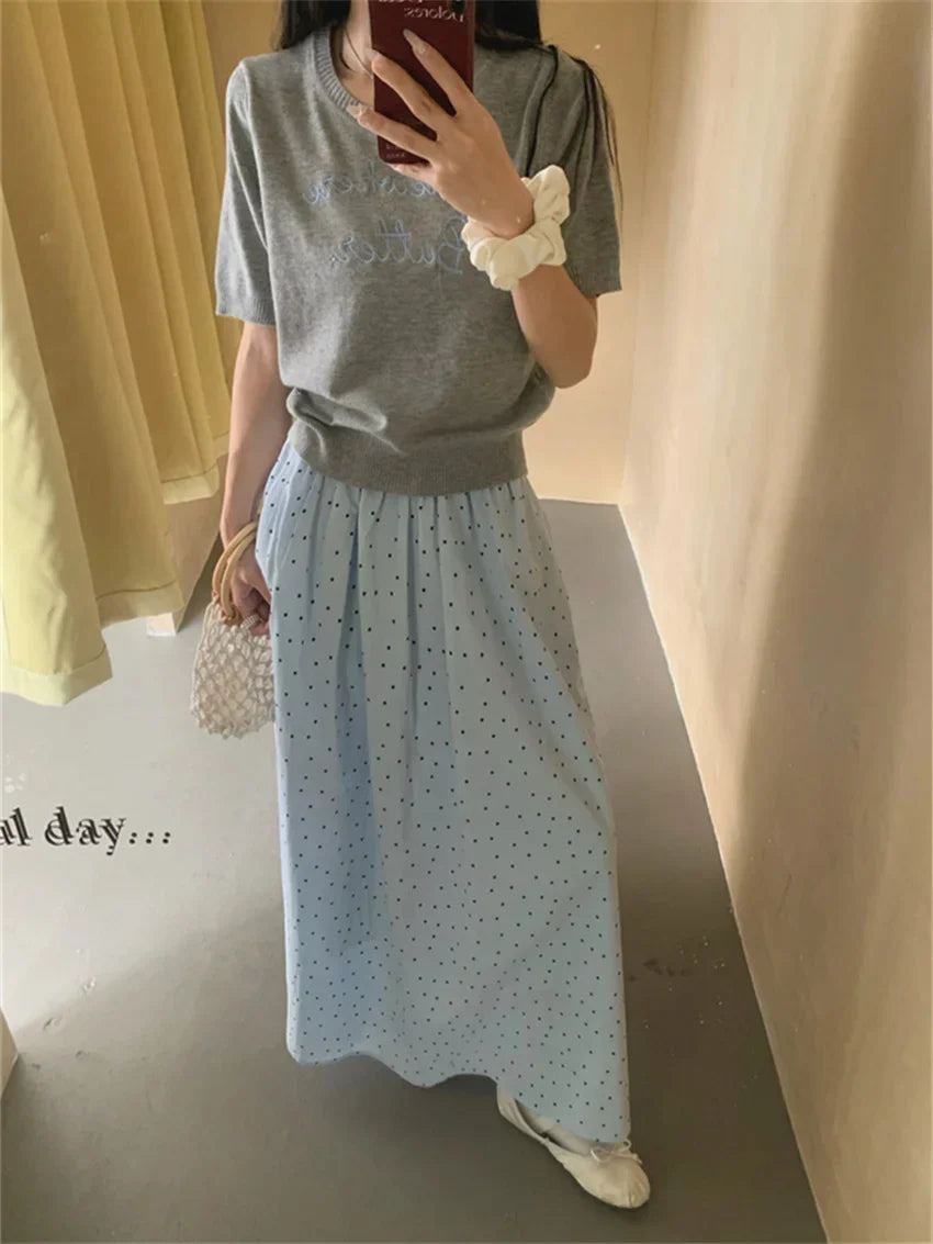 vmtvr Sweet Casual Long Skirts Women Polka Dots Loose Summer 2024 High Waist Knitted Sweaters Tees Gentle Chic New Slim