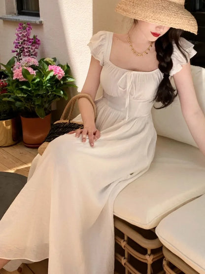 vmtvr Elegant Vintage Midi Dresses for Women Summer New Square Collar High Waist Princess Party Dress Casual A-line Vestido Mujer